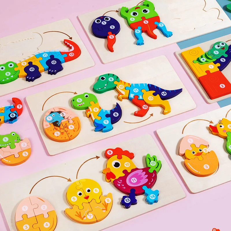 Wooden children cartoon 3d puzzle early education building blocks animal matching focus training puzzle hot selling toys
