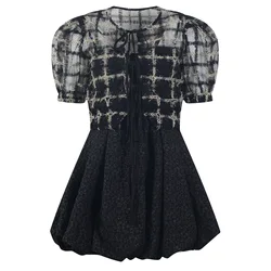 Summer Dresses Jacquard Sling Dress Puff Sleeve Two Piece Set Mini Black Loose Clothing