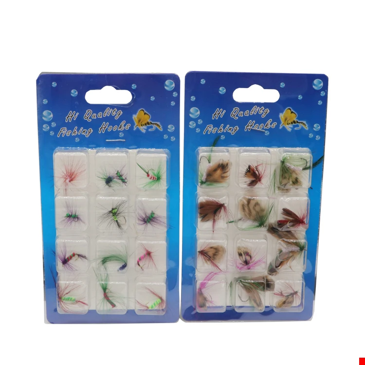 WeiHai 12pcs/lot Various Dry Fly Trout Salmon Floating Insect Dry Flies Artificial Soft Bait Feather Single Hook Pesca