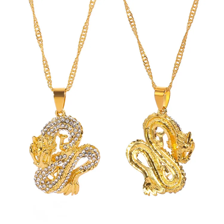 Cubic Zirconia Lucky Gold Dragon Pendant Necklaces Divine Dragon 12 Chinese Zodiac Cuban Chain Hombre Jewellery