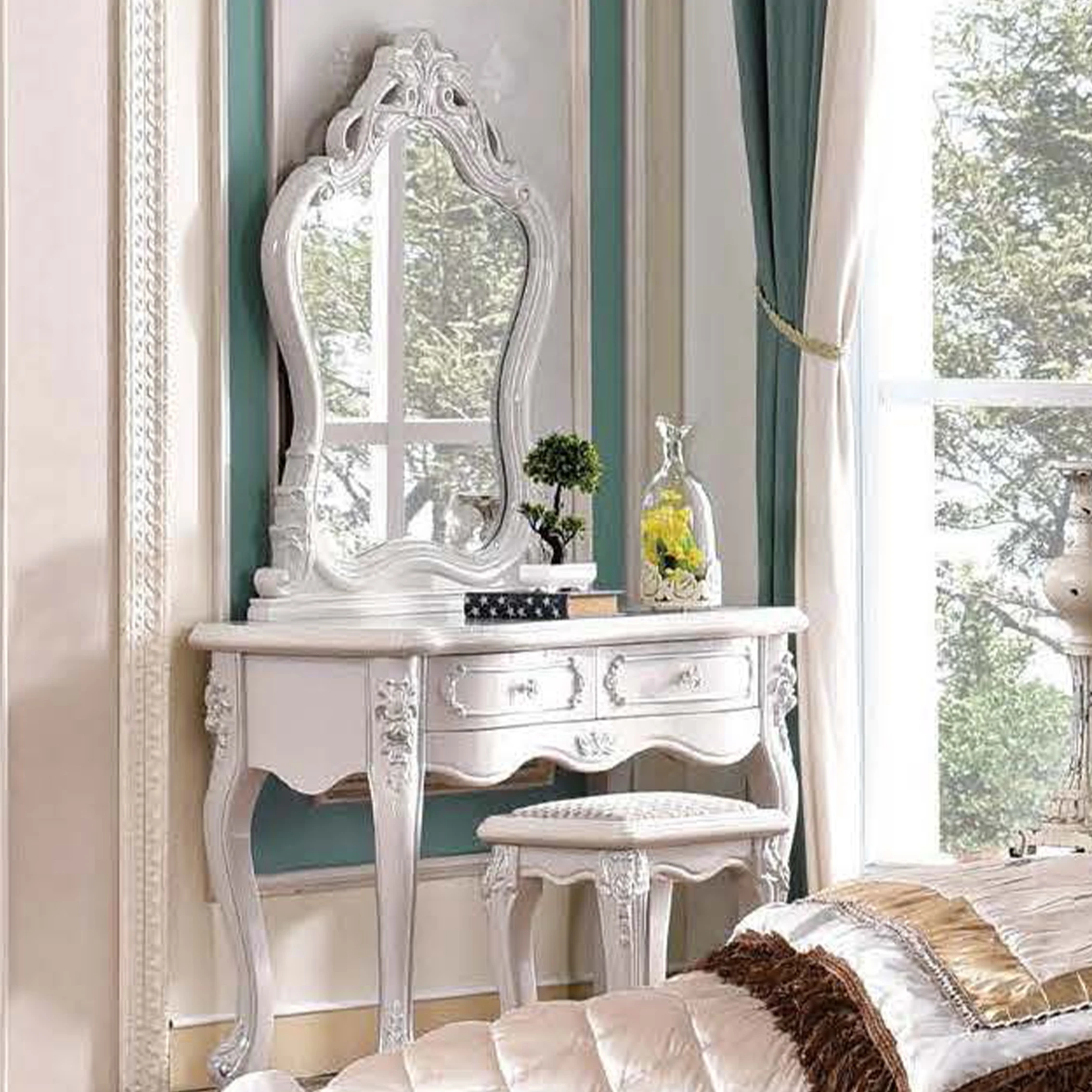 French luxury classic makeup table Solid wood bedroom dresser furniture set Storage cabinet dressing table with mirror and stool