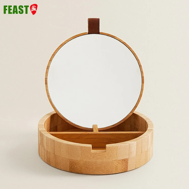 Custom Makeup Packaging Boxes Bamboo Cosmetic Makeup Box With Mirror