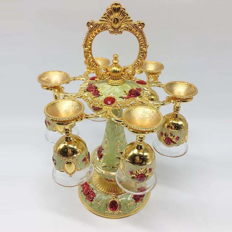 arabic Shinny Gifts 6pcs cup Enamel Metal Wine Hanger Rack Wedding Favor Gift Sets,royal wine set with cup