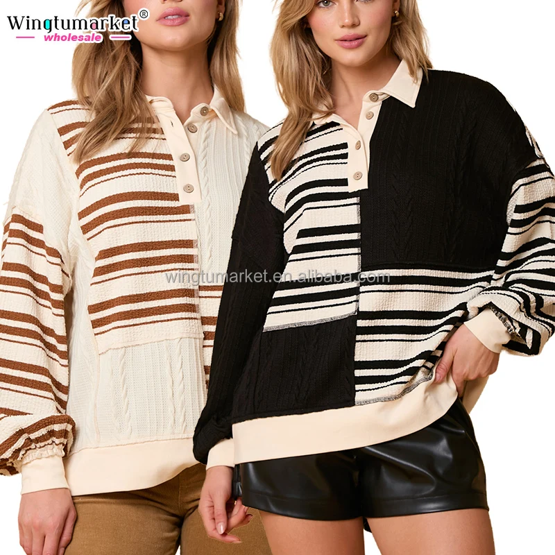 Wholesale winter striped patchwork jumper turn down collar long sleeve top texture stripe cable knit mixed sweatshirt women