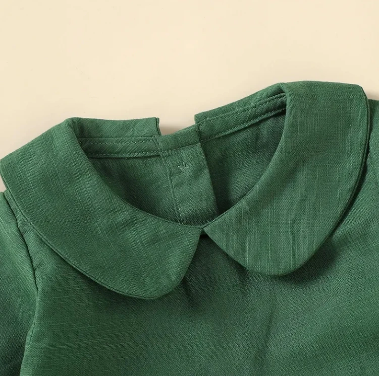 Rustic orange Vintage Neutral Spring Autumn colors long Sleeve Peter Pan Collar Button Back Linen Baby Girl casual Dress