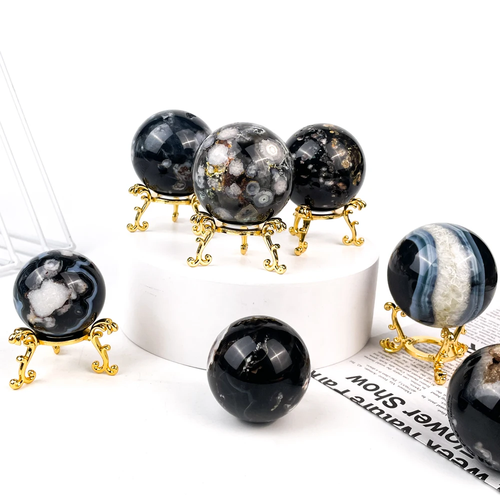 Hot Selling Recommend Nice Quality Natural Polished Large Shiny Sphere Crystal Black Cherry Blossom Agate Sphere for Meditation