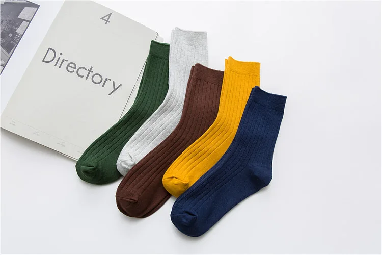 10 Colors Classic Dress Double Needles Solid Color Mens Business Crew Cotton Socks