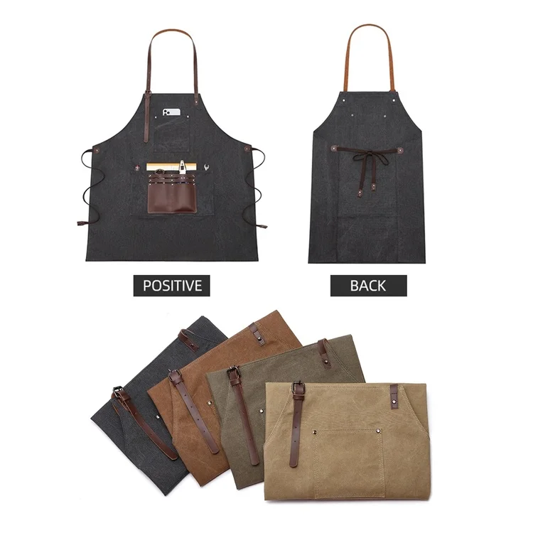 Customized logo wholesale gardener kitchen cafe vintage canvas sleeveless apron with multi-pocket tool apron