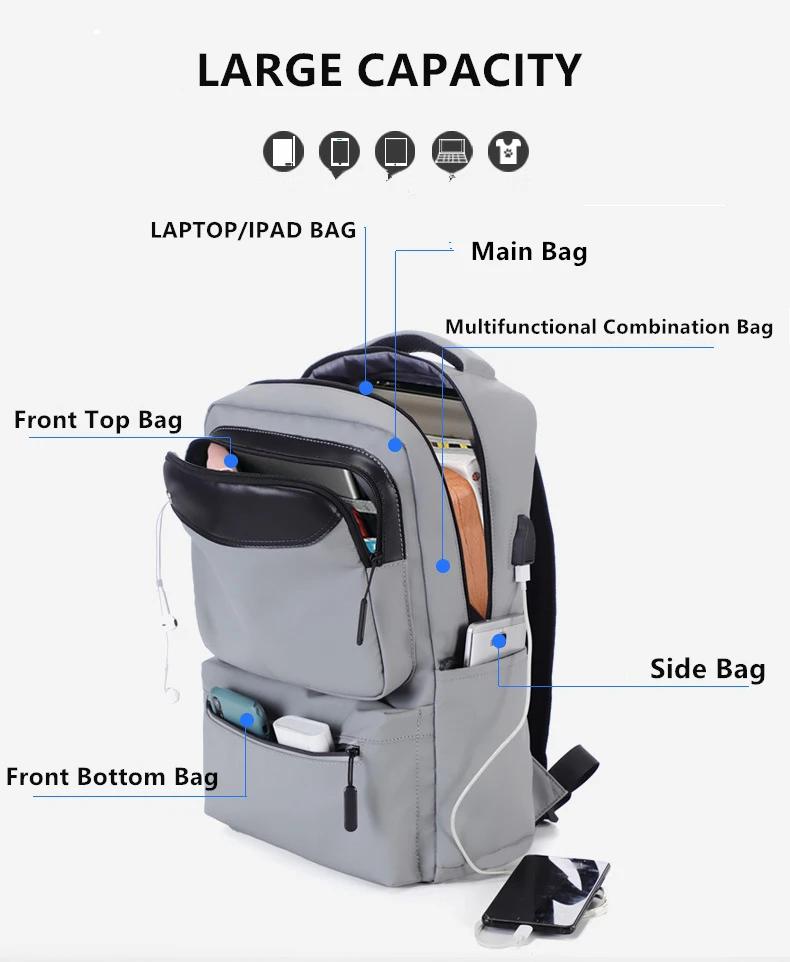 waterproof business travel Backpack Schoolbag Male College Shoulder Computer Bag with usb