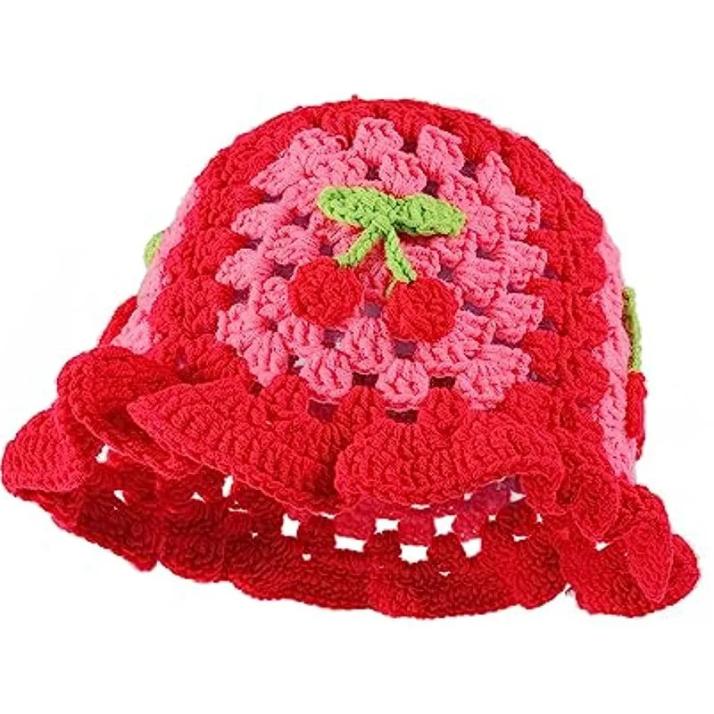 New Wholesale High Quality Flower Crochet Bucket Hat Women Handmade Knit Beanies INS Korean Cute Beanies Panama Cap