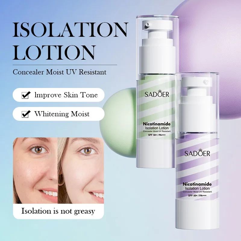 Private Label SADOER Nicotinamide Whitening Isolation Foundation Lotion With SPF 50+ Liquid Foundation Concealer Makeup Primer