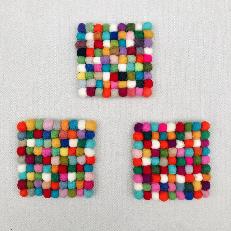 New Style Fashion Absorbent Rainbow Felt Cup Coaster Wool Ball Coffee Cup Mat for Tableware