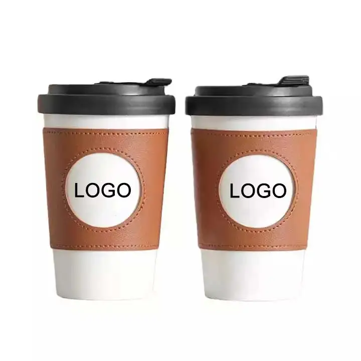 Ceramic travel coffee mug cup wind leather portable cover coffee cup anti-scalding heat-resistant mug