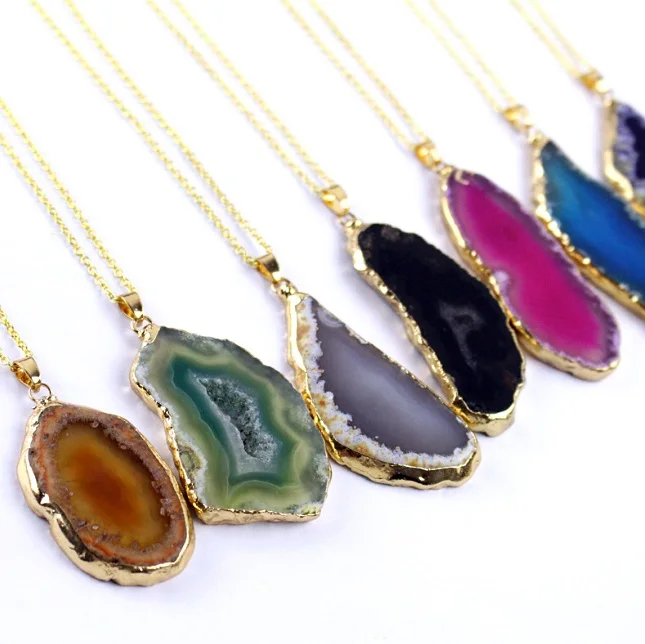 Natural Gold Plated Crystal Druzy Agate Slice Pendants Necklace for Gifts
