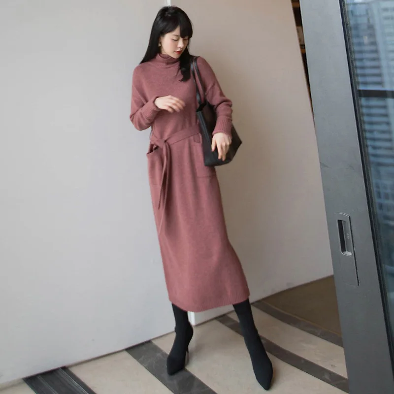 2025 Spring New Arrival Fashion Lady High Heck Long Sleeve Super Long Slim Fit Women  Sweater Dress