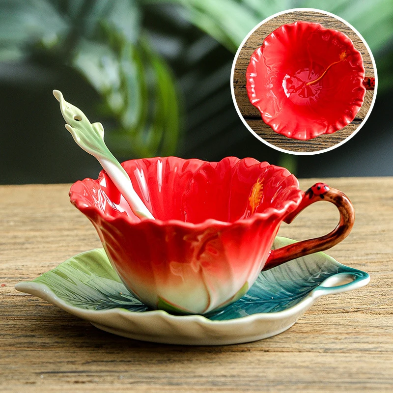 Low Moq 180ml Teacup Vintage Tea Cups Enamel Cup Flower Shape Ceramic Tea Cup And Saucer Set