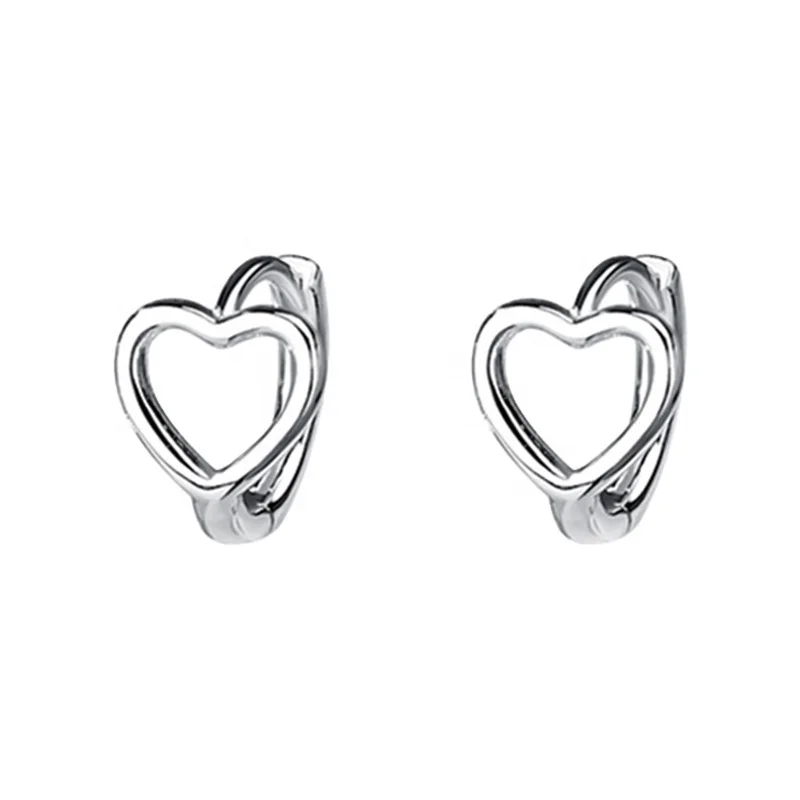 Wholesale Fashion Minimalist Korean 925 Sterling Silver Trendy Fine Jewelry Heart Shape Hollow Out Hoop Earrings For Girls