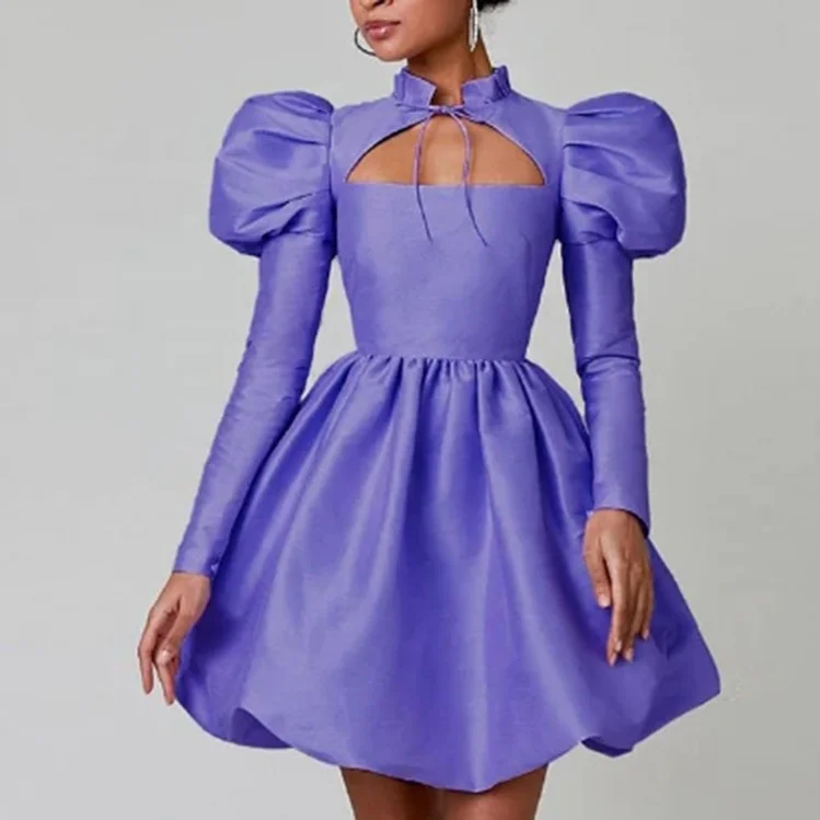 custom designer fashion summer elegant modest wholesale one piece lady cut out puff sleeve satin Prom Female mini dress women