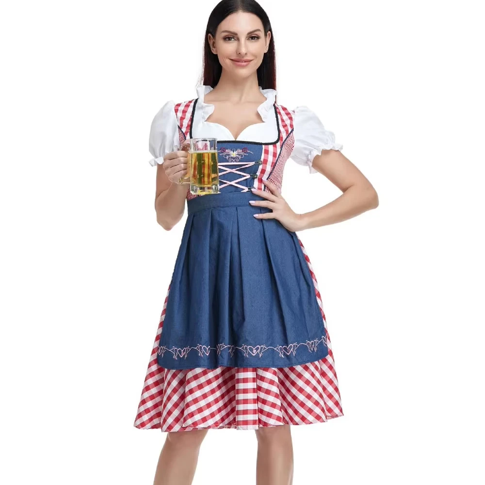 Traditional German Plaid Dirndl Dress Oktoberfest Costume Cosplay Outfit For Adult 2024 Women Halloween Cosplay Fancy Party
