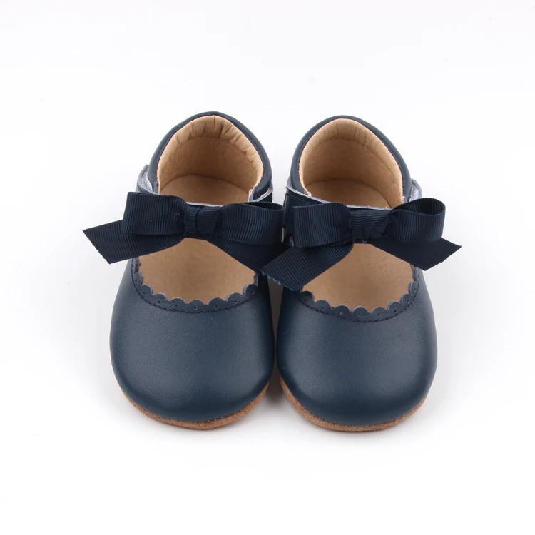 BEIBEINOYA Bowknot Hook And Loop Navy Blue Leather Sizes 2 To 5 Soft Sole First Walker Shoe Baby Dress Shoes For Girls