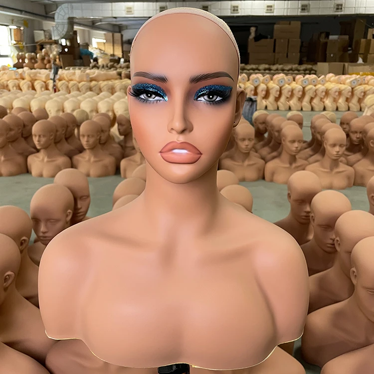 NOAHSIR Wholesale Custom PVC Bust Realistic Female Mannequin Head with Shoulders Display Black Wig Displays