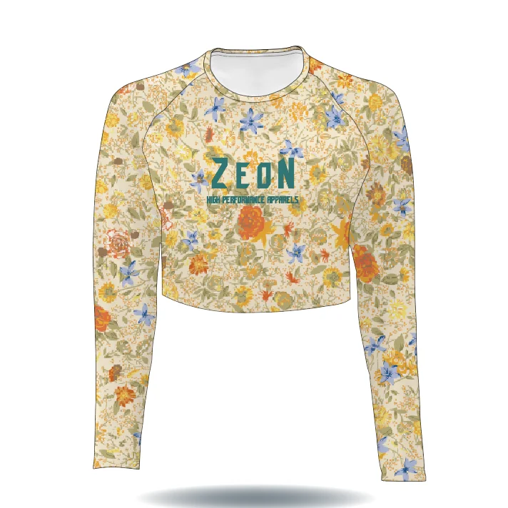 Fashionable custom yellow flora design dye sublimated sports long sleeve womens ladies girls t shirt crop top fishing shirts