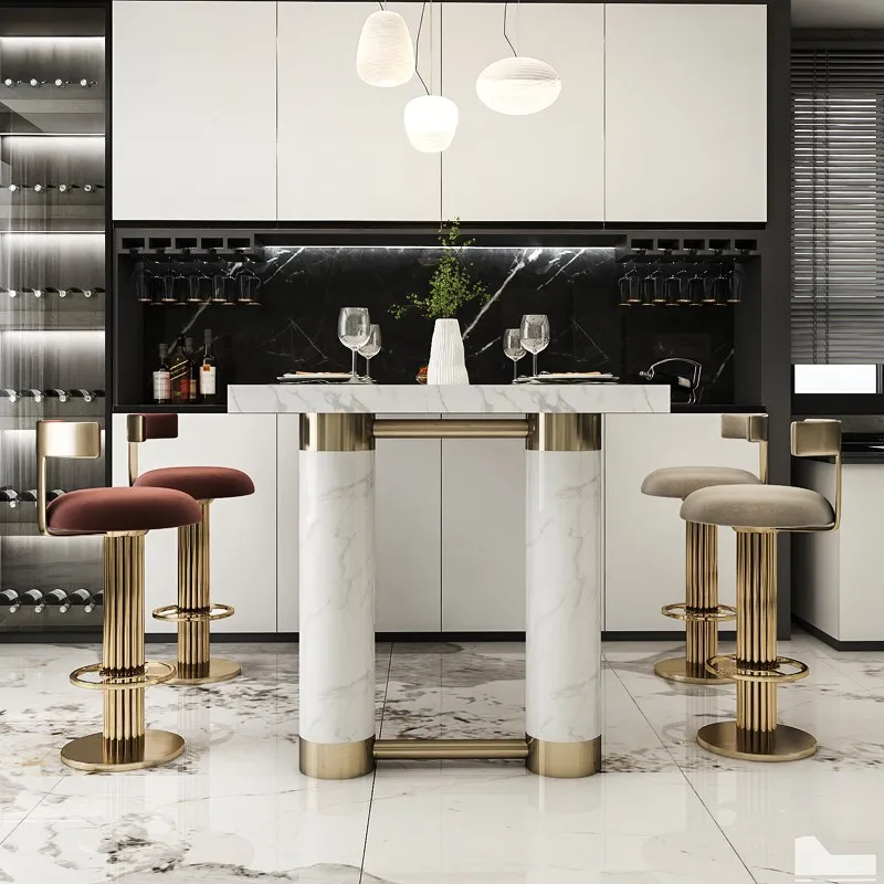 stationary meta foot Pedal Golden Polished Stainless Steel wooden High back Bar chair stool upholstered velvet fabric cushion