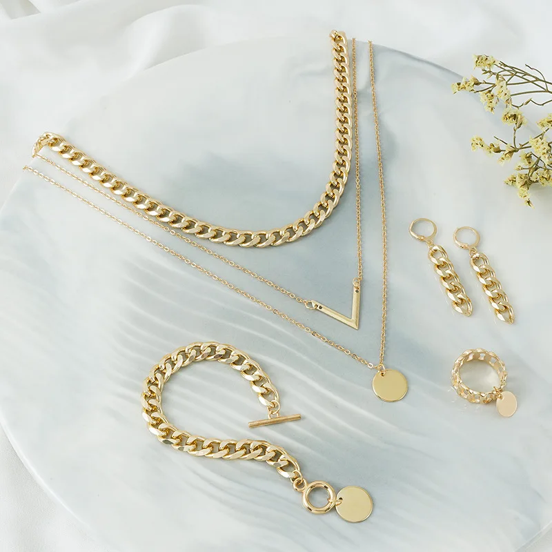 Gold Color Multilayer V-shaped Moon Star Necklace Jewelry Set Women Wedding Bride Set
