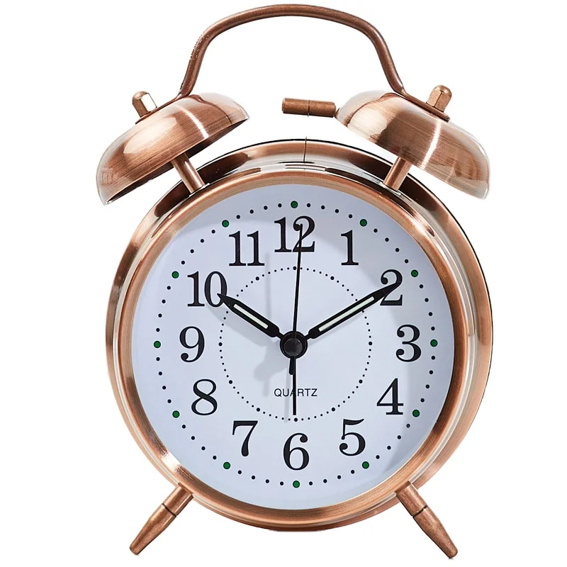 Home 4 inch retro bell clock office retro creative bell alarm clock bedroom jump needle type metal mute luminous alarm clock