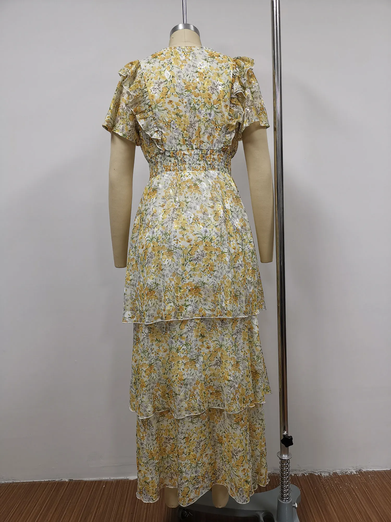 Women Casual Fashion Waist Smocking Ruffles Flower Quality Elegant Dress
