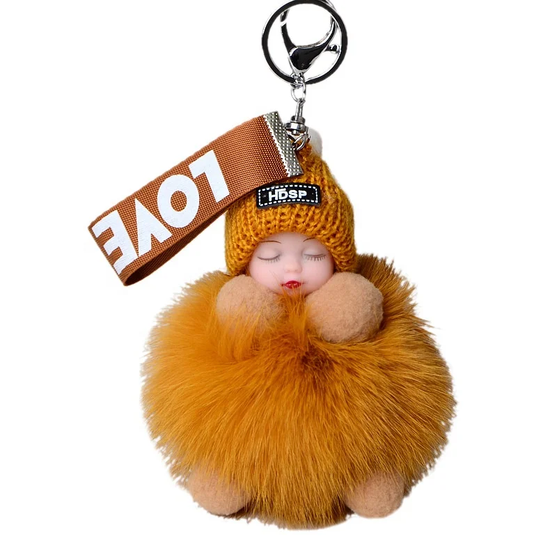 2024 Factory Wholesale Real Fox Fur Ball Pendant Key Chain Cute Sleeping Doll Plush Accessories Car KeyRing Pompom Baby Keychain