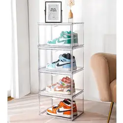 Hot sell plastic clear shoe box drop front sneaker box  transparent acrylic shoe storage  Stackable Organizer magnetic