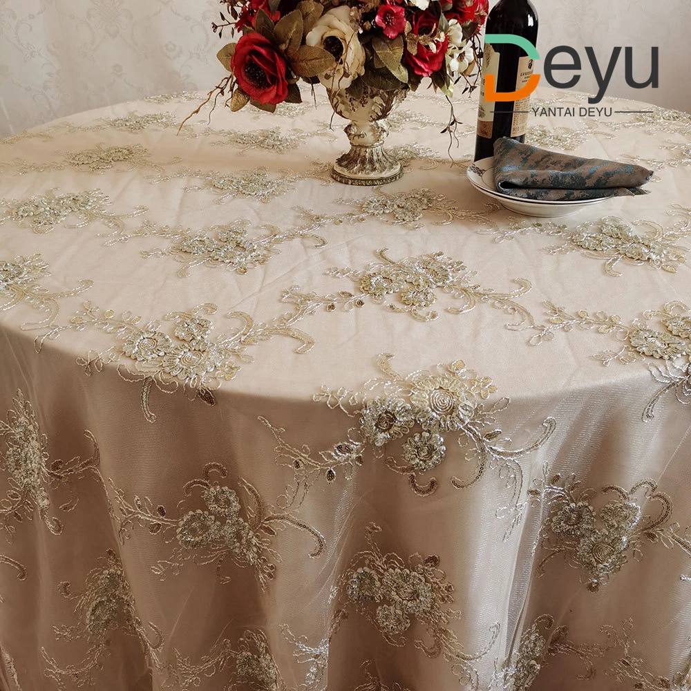Wholesale 132 inch round light rose lace embroidery mesh tablecloth for luxury wedding