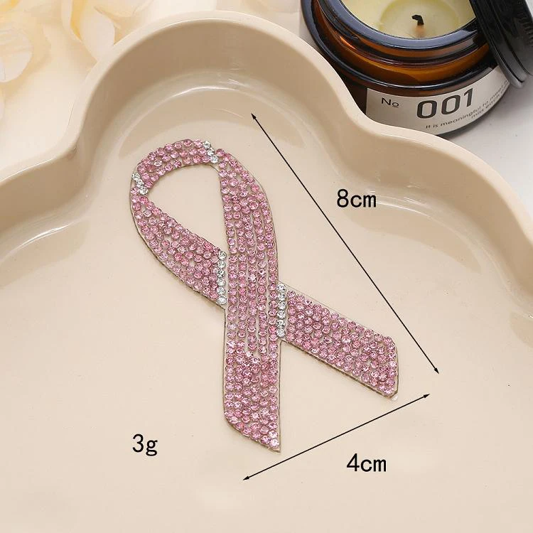 Wholesale self adhesive red pink bling crystal mental health patches glitter rhinestones cancer awareness ribbon patches for hat