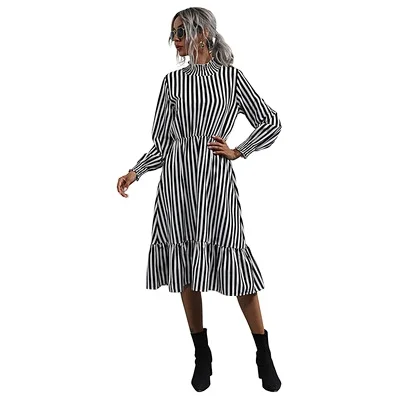 Women Midi Dress Loose Long Sleeve Women Dress Ladies Sexy V-Neck  Long Dress Casual Zebra-stripe Clothes