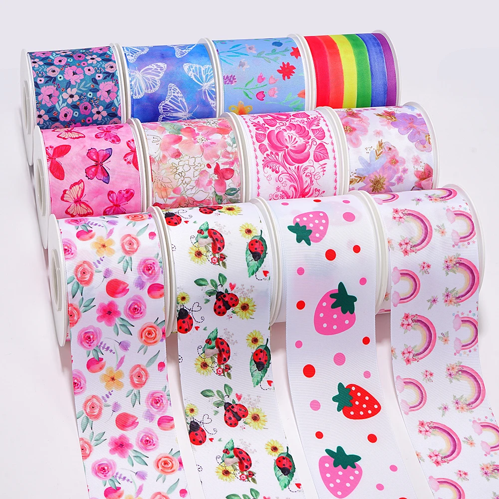 Flower Butterfly  Cartoon Printed Grosgrain Ribbon For Bow Craft Supplies Sewing Accessories 50Yard