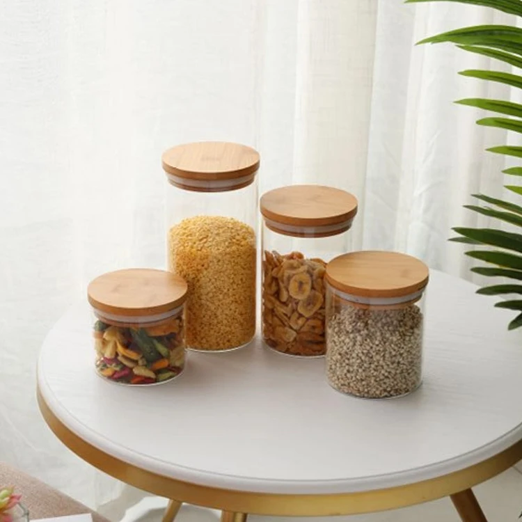 Design Custom Kitchen Glass Jars Bamboo Lid Glass Can Borosilicate Glass Storage Canister