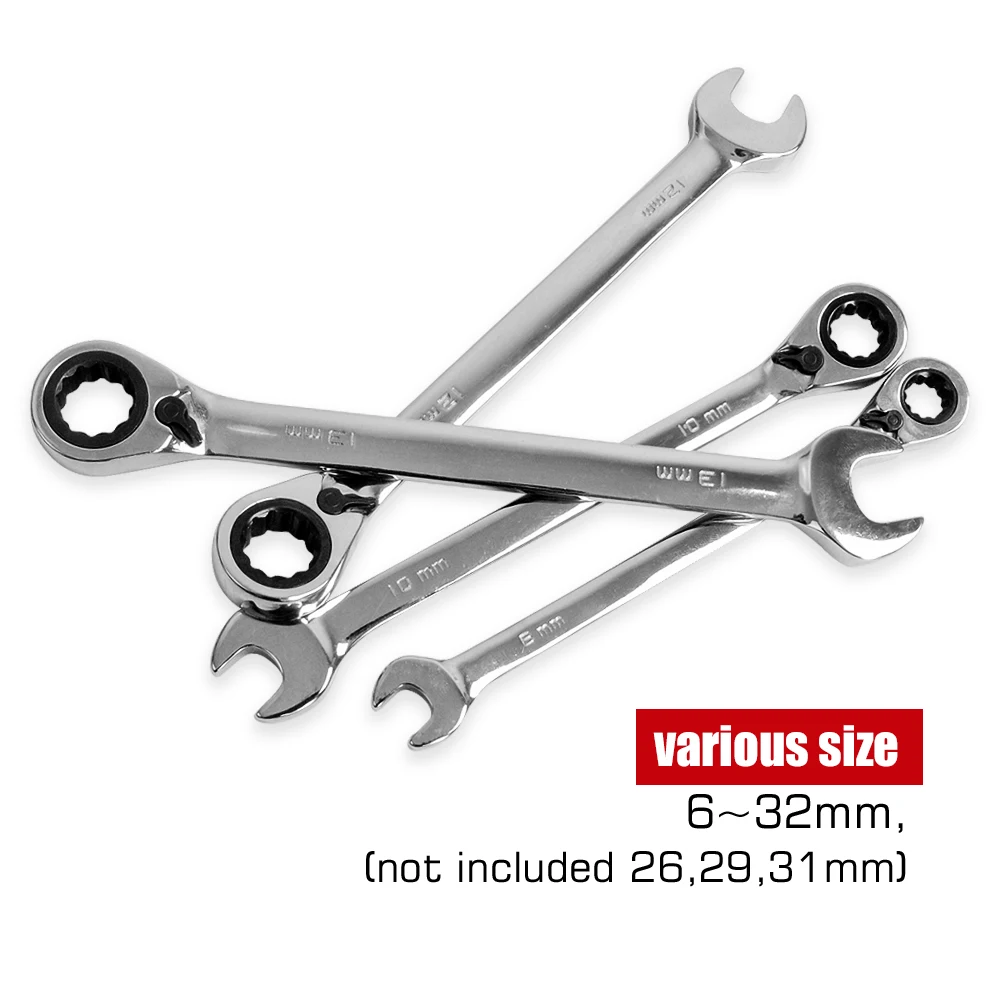 6-32mm Chrome Vanadium Steel Spanner Mirror surface Metric Mechanics Durable Garage Tools Two Way Ring Ratchet Wrench