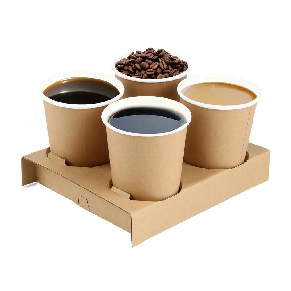 Wholesale Disposable Wholesale Kraft Corrugated Paper Takeaway Cardboard 4 Coffee Cup Carrier Holder Tray