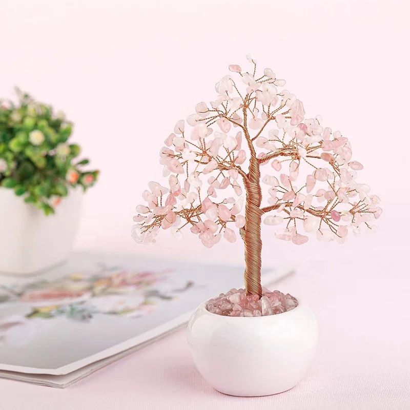 2024 MK High Quality Modern Rose Gold Seven Stones White Ceramic Round Bowl Base Small Tree Decorative Crystal Crafts
