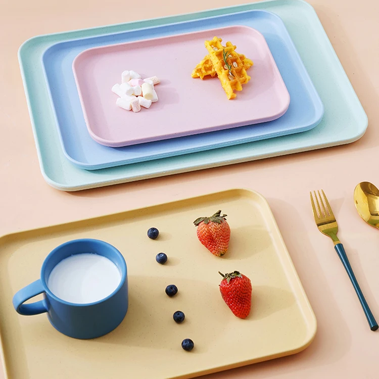 Wholesale Eco-Friendly Wheat Straw Plastic Fast Food Serving Tray Set Korean Style Plates