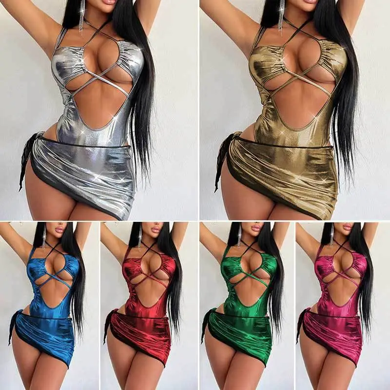 High Quality Metallic Two Pieces Swimsuit High Leg One Piece Swimwear Silver Beach Cover Ups Beachwear