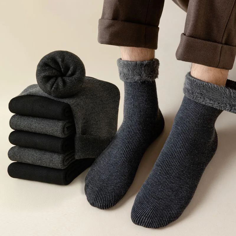 Men Winter Socks Warm Thicken Thermal Snow Boots Solid Color Floor Socks Soft Outdoor Anti-Cold Black Socks