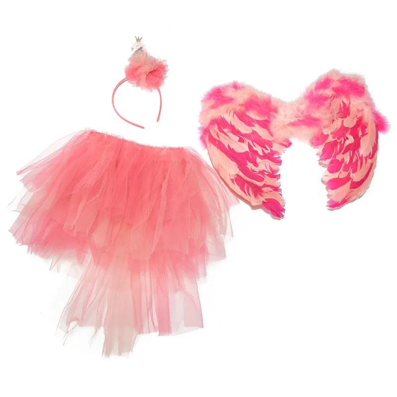 High quality pink angel Tulle skirt Flamingo Princess dress Headband and simulation feather swan wings Tutu Skirt for girl party