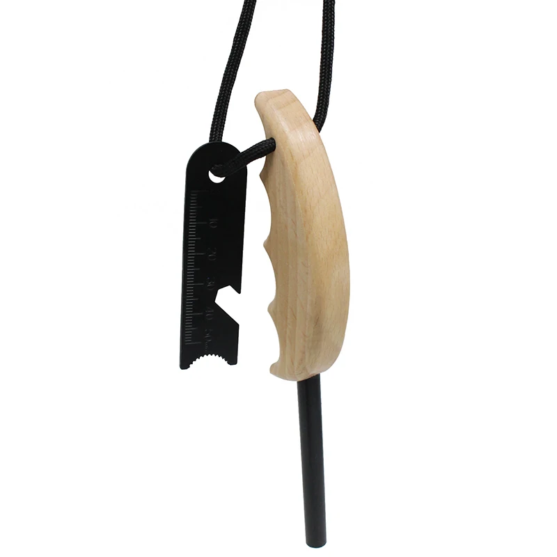 Bushcraft Gear Survival Firecord Finger Grip Wood Handle Ferrocerium Fire Starter Rod for Campfire