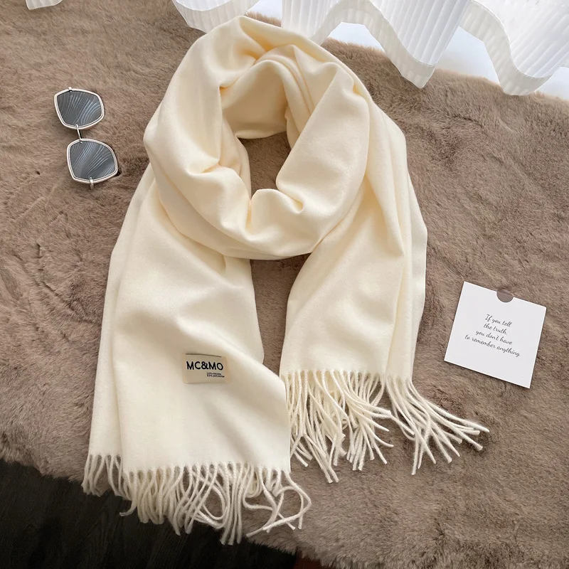 High Quality Solid Color Unisex Warm Knitted Imitation Cashmere Versatile Monochrome Shawl Tassels Scarf