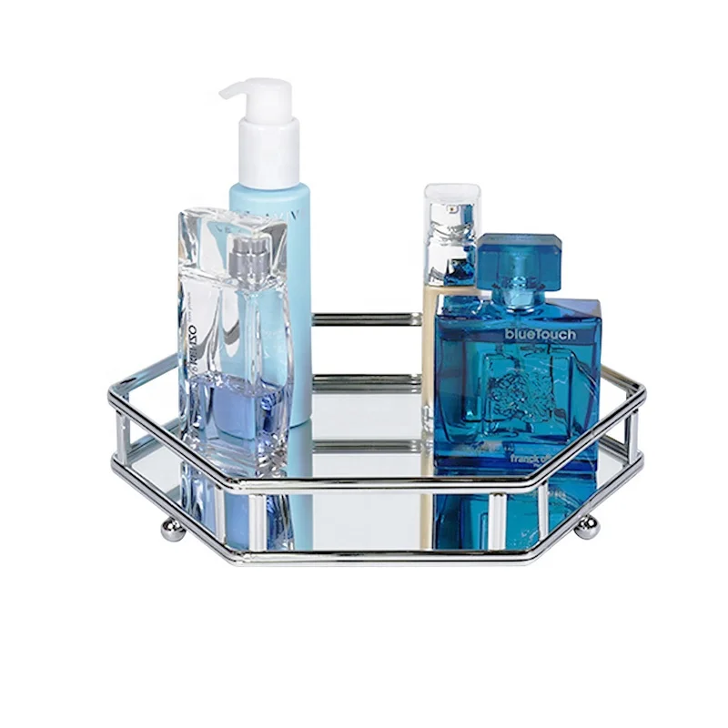 European Metal Glass Jewelry Display Plate Geometric Tray Mirror Silver Rose Gold Jewelry Storage Ring Dish Decoration Shelf