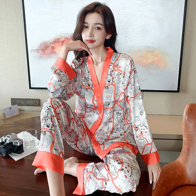 sutra tipis 2 buah bernapas lengan panjang raso lembut kotak-kotak surat pakaian santai  set piyama