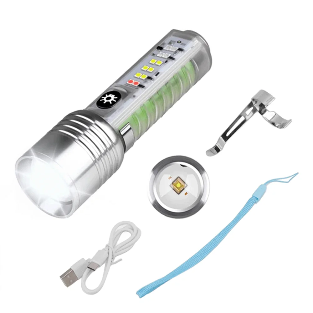 Zoomable Torchlight Powerful Rechargeable Flashlight Red Blue Warning Light UV Ultra violet Torch