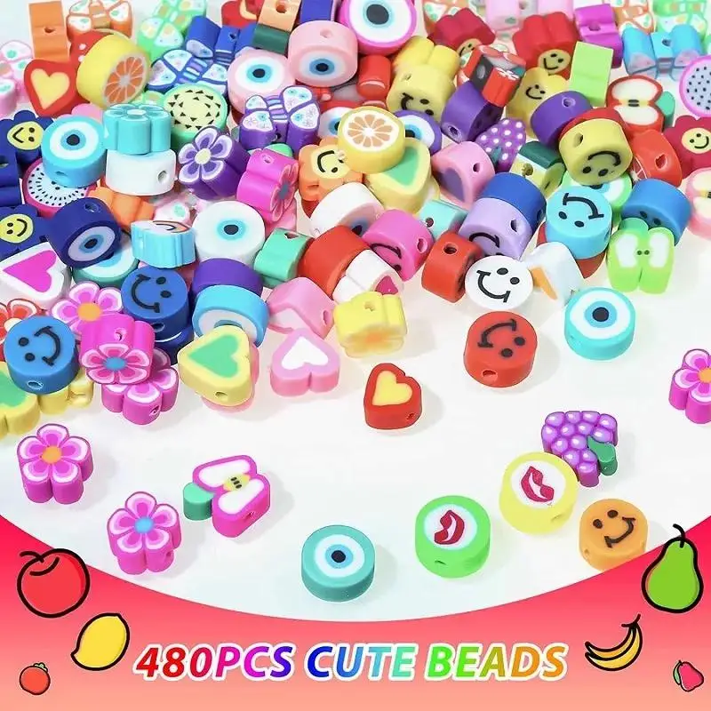 Wholesale 480pcs Fruit Animals Flower Polymer Clay Beads Elastic Crystal Line Jewelry Making Kit DIY Craft Kit For Kids